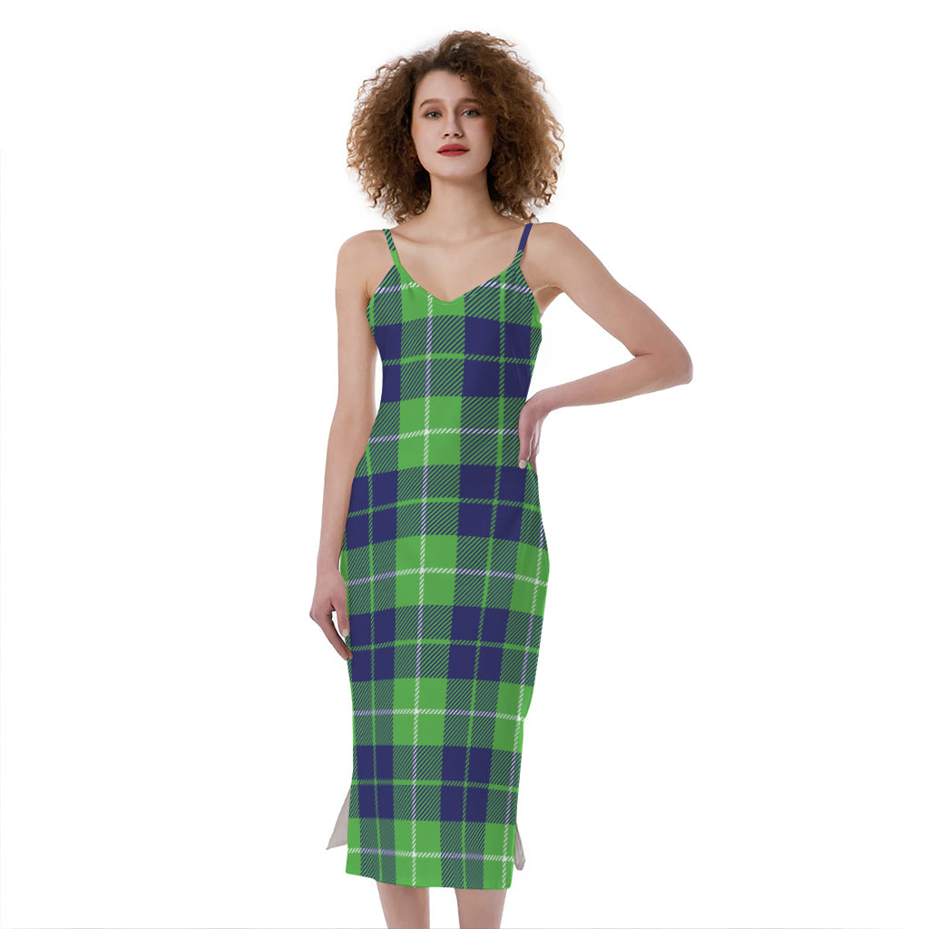 Green Blue And White Tartan Print Slim Fit Midi Cami Dress