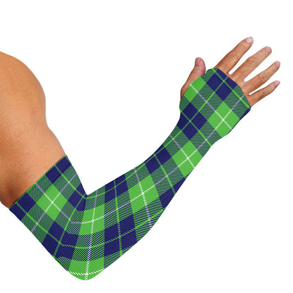 Green Blue And White Tartan Print Sun Protection Arm Sleeves