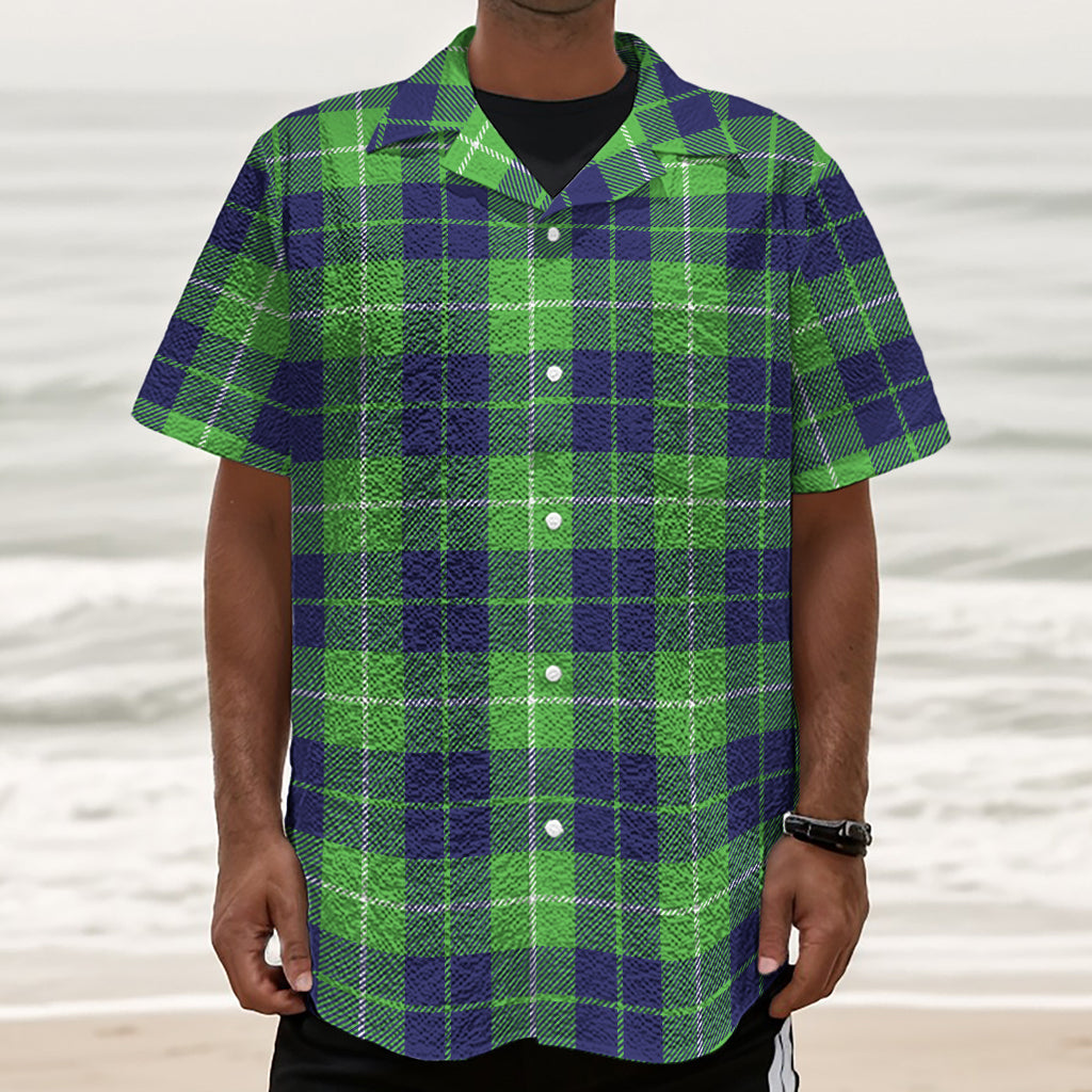Green Blue And White Tartan Print Textured Short Sleeve Shirt