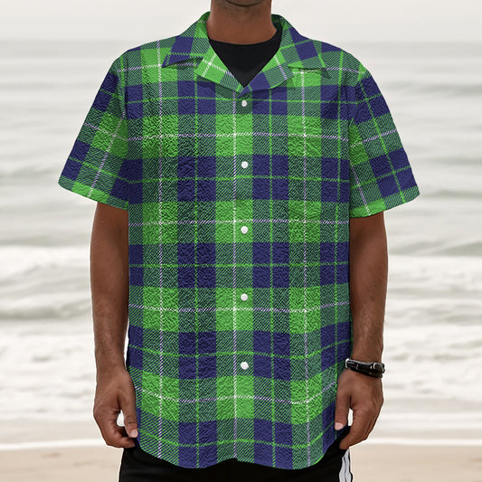 Green Blue And White Tartan Print Textured Short Sleeve Shirt