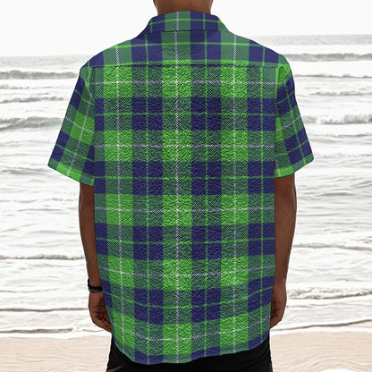 Green Blue And White Tartan Print Textured Short Sleeve Shirt