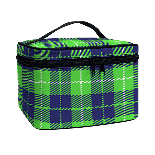 Green Blue And White Tartan Print Travel Makeup Bag