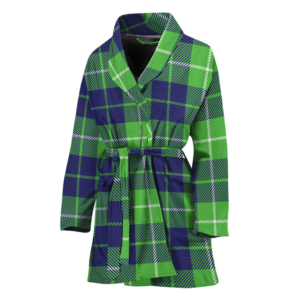 Green Blue And White Tartan Print Women's Bathrobe