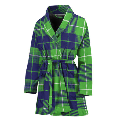 Green Blue And White Tartan Print Women's Bathrobe
