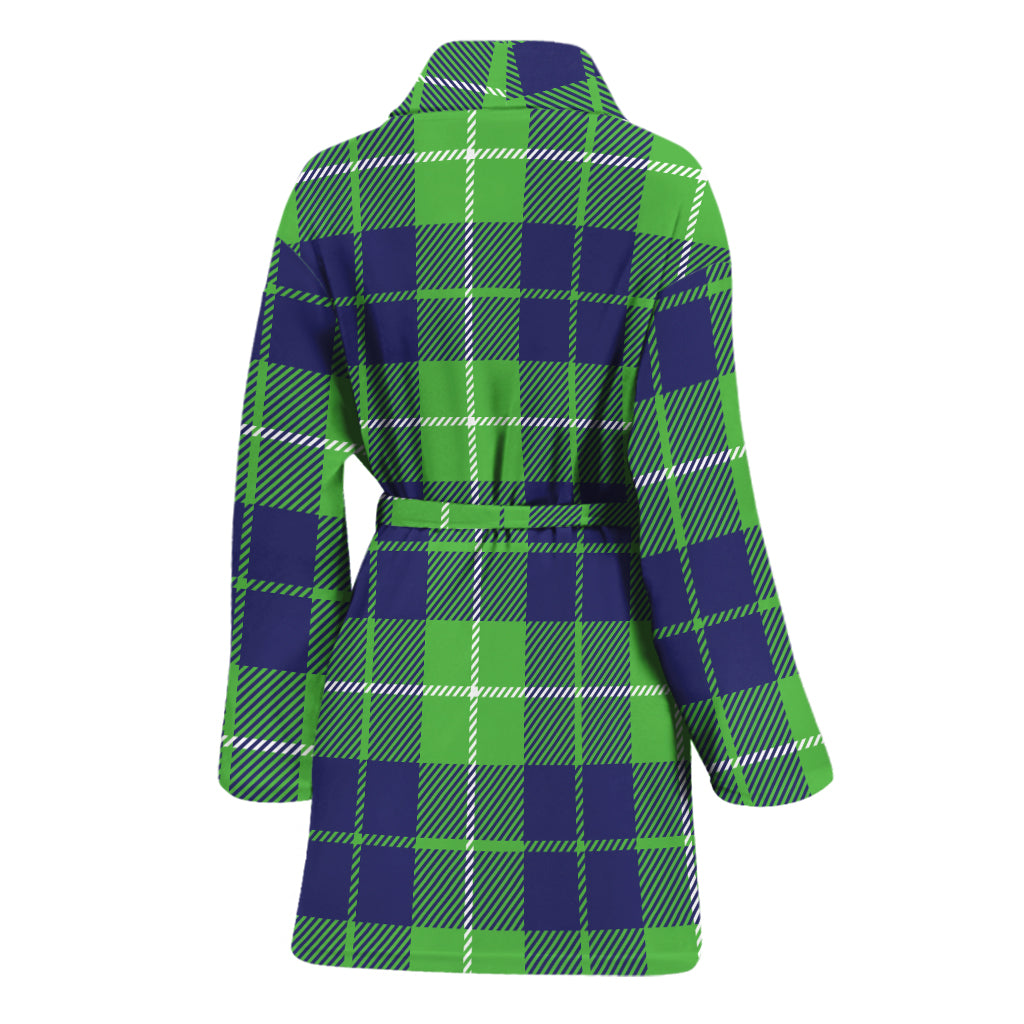 Green Blue And White Tartan Print Women's Bathrobe
