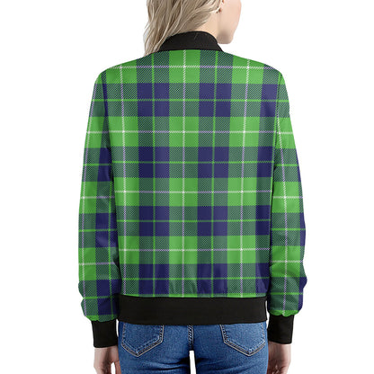 Green Blue And White Tartan Print Women's Bomber Jacket