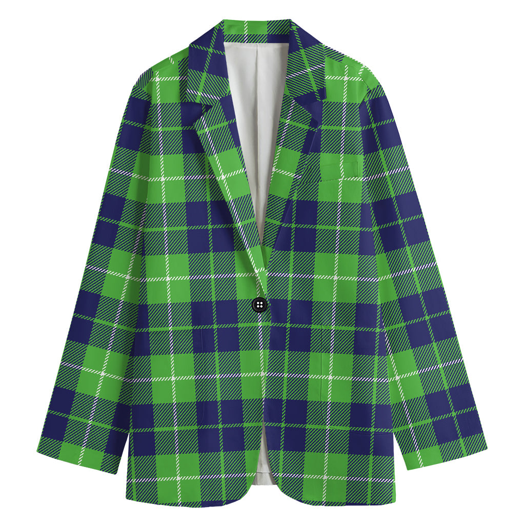 Green Blue And White Tartan Print Women's Cotton Blazer