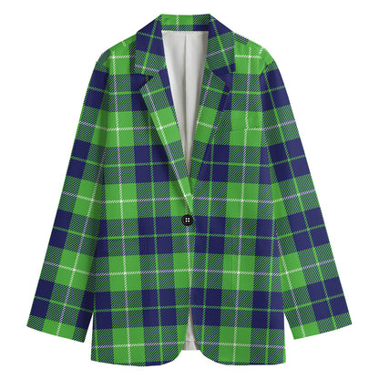 Green Blue And White Tartan Print Women's Cotton Blazer