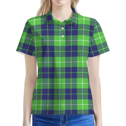 Green Blue And White Tartan Print Women's Polo Shirt