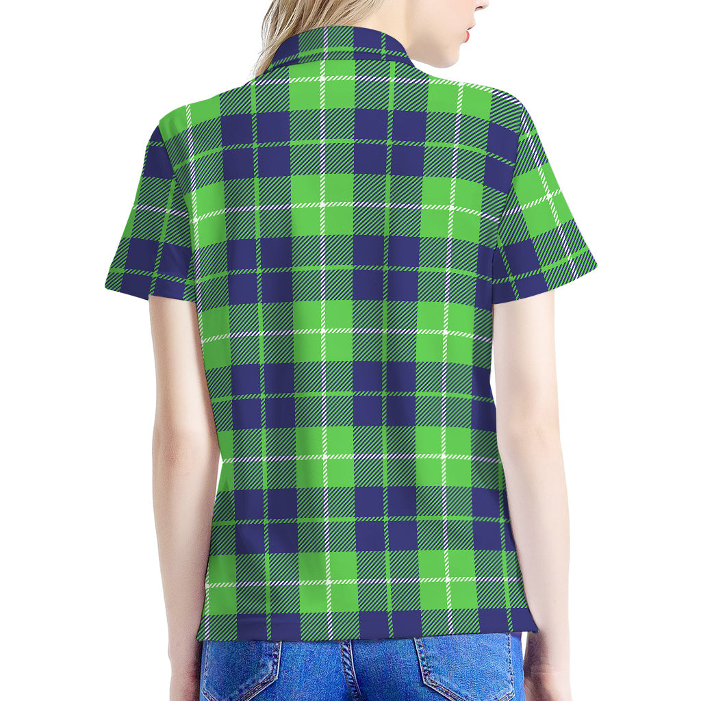 Green Blue And White Tartan Print Women's Polo Shirt