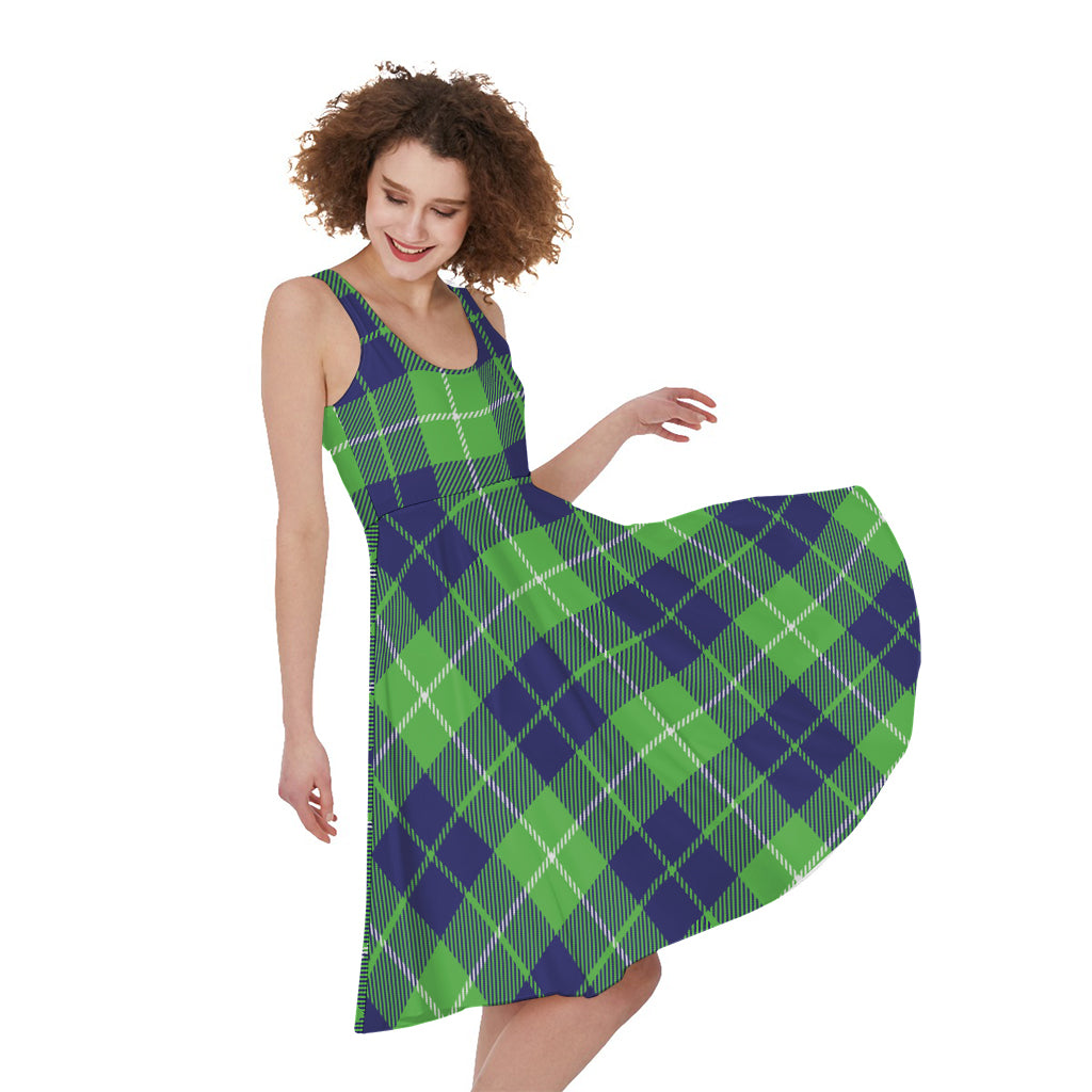 Green Blue And White Tartan Print Women's Sleeveless Dress