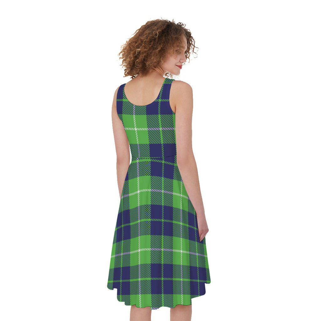 Green Blue And White Tartan Print Women's Sleeveless Dress