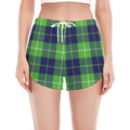 Green Blue And White Tartan Print Women's Split Running Shorts
