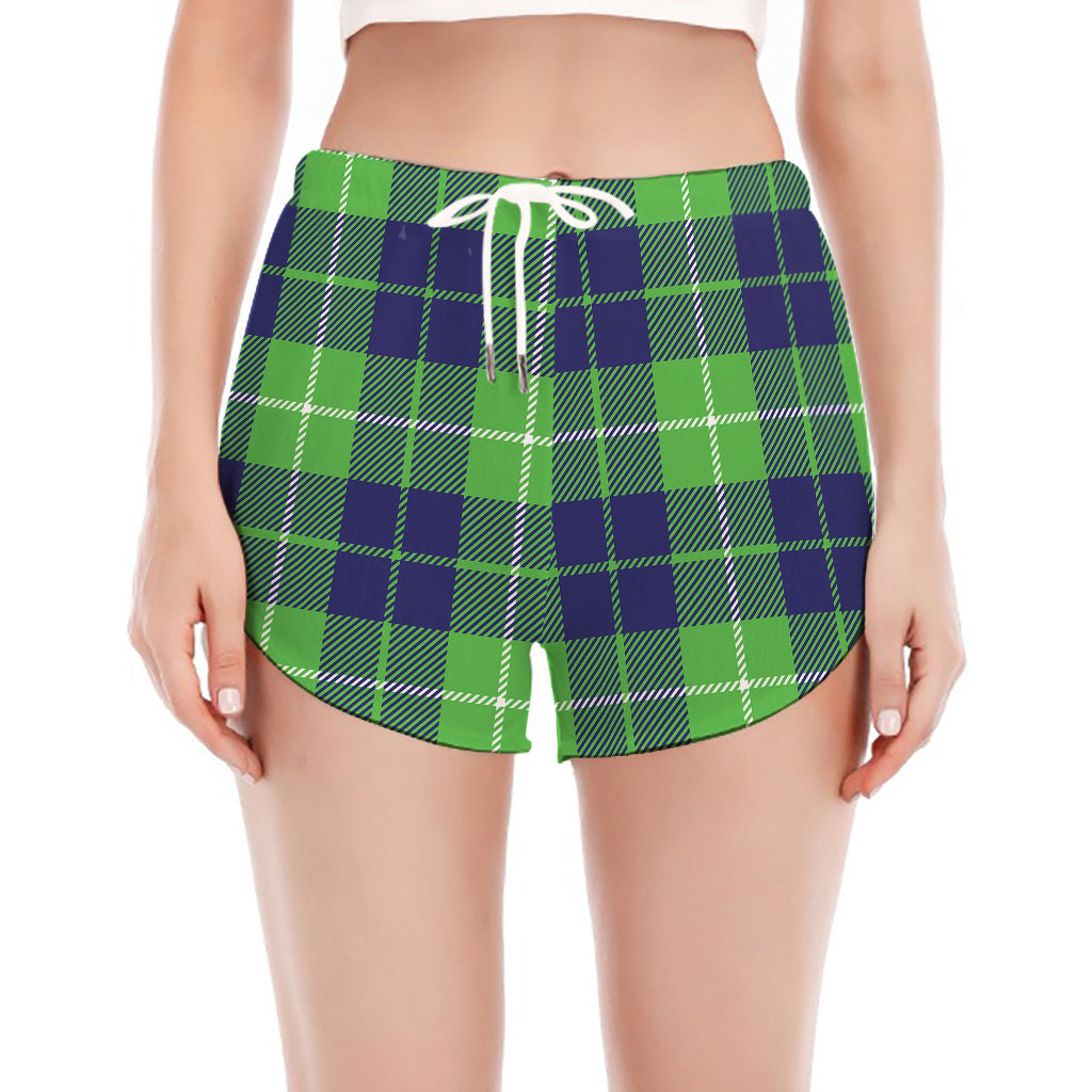 Green Blue And White Tartan Print Women's Split Running Shorts