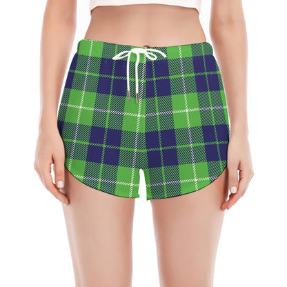 Green Blue And White Tartan Print Women's Split Running Shorts