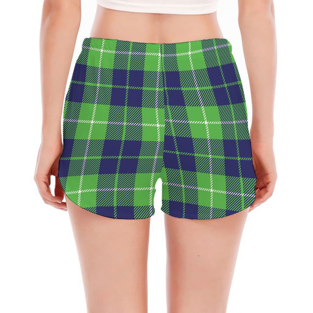 Green Blue And White Tartan Print Women's Split Running Shorts