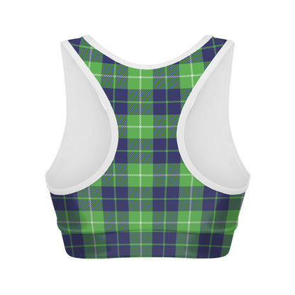 Green Blue And White Tartan Print Women's Sports Bra