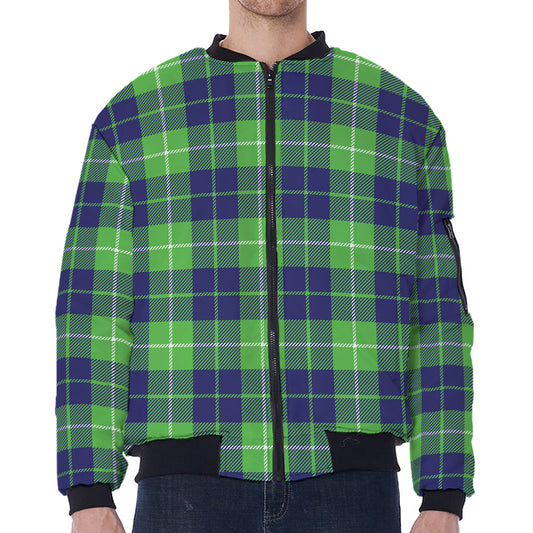 Green Blue And White Tartan Print Zip Sleeve Bomber Jacket