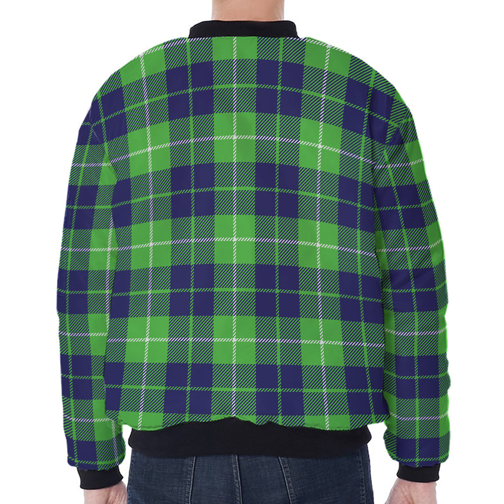Green Blue And White Tartan Print Zip Sleeve Bomber Jacket