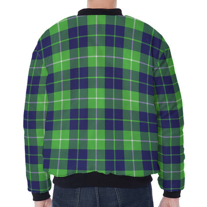 Green Blue And White Tartan Print Zip Sleeve Bomber Jacket