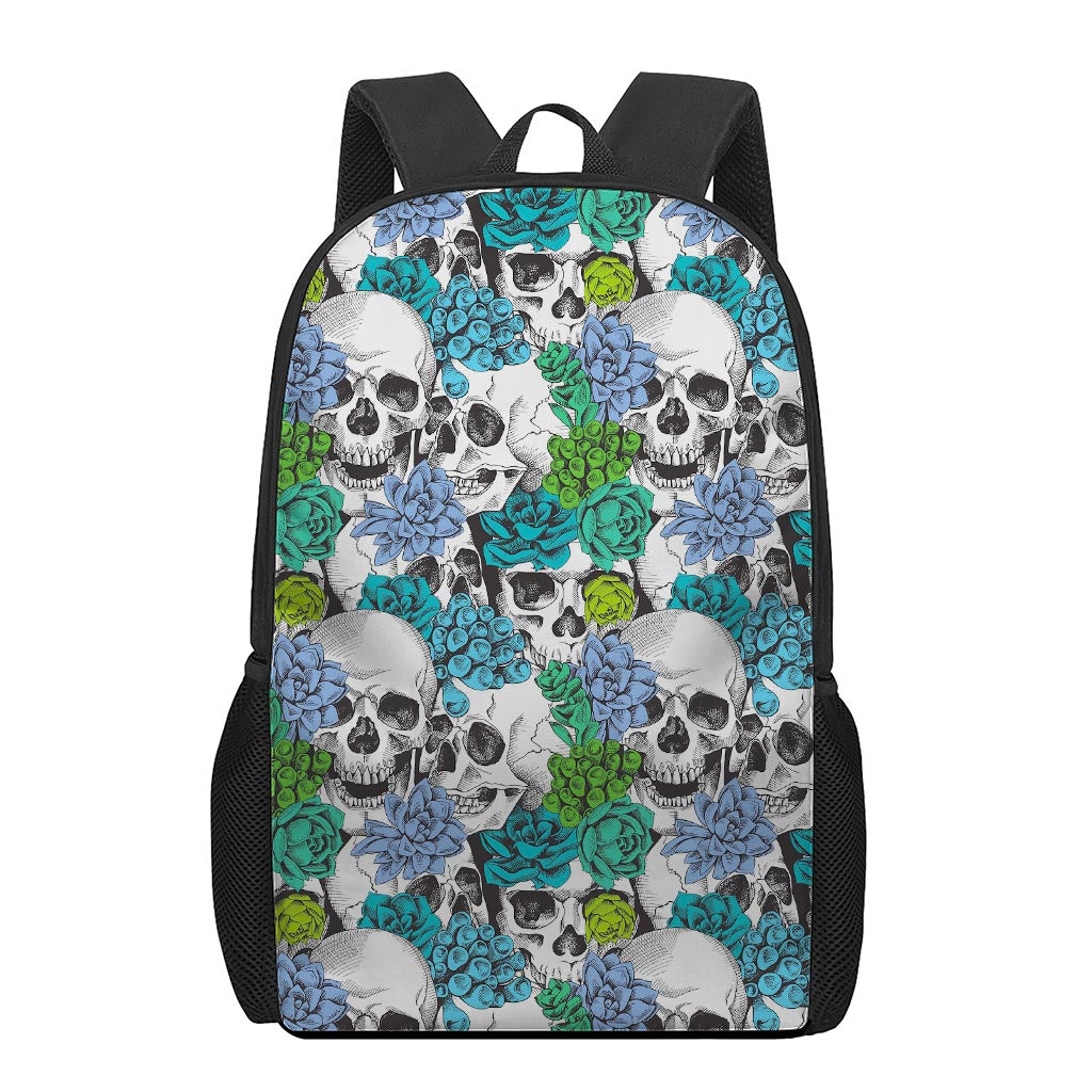 Green Blue Flowers Skull Pattern Print 17 Inch Backpack