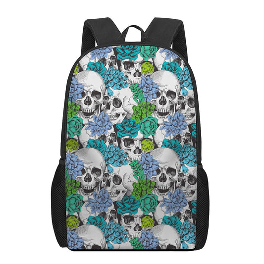 Green Blue Flowers Skull Pattern Print 17 Inch Backpack