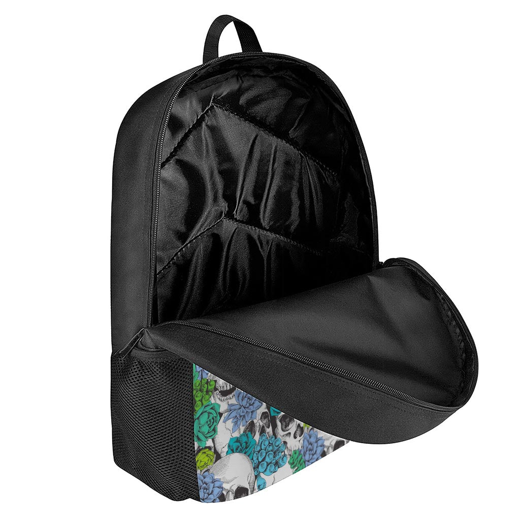 Green Blue Flowers Skull Pattern Print 17 Inch Backpack