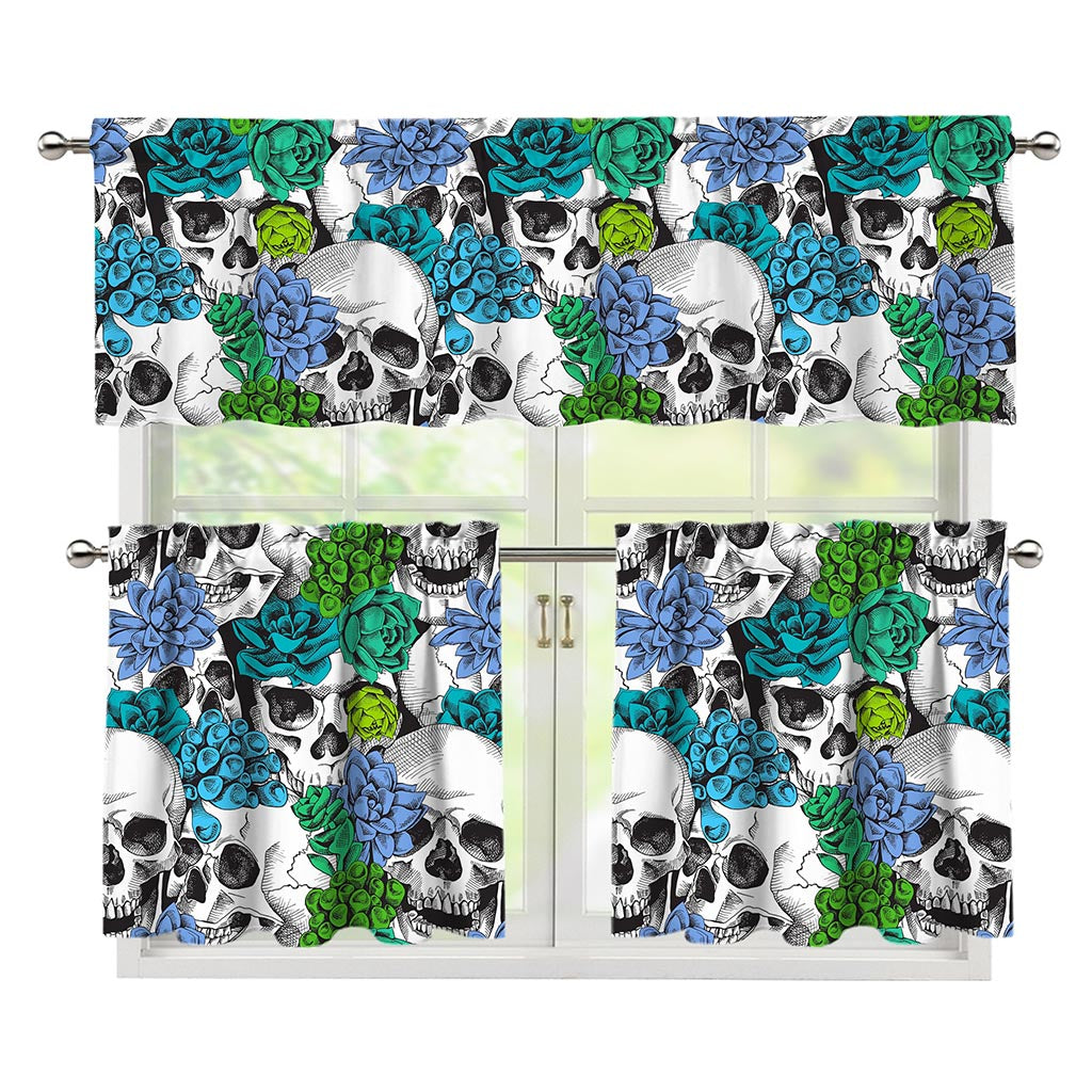 Green Blue Flowers Skull Pattern Print 3 Piece Kitchen Curtains