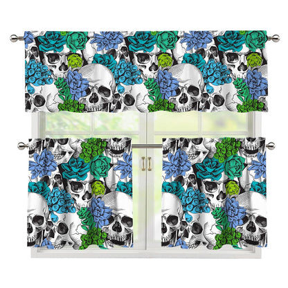 Green Blue Flowers Skull Pattern Print 3 Piece Kitchen Curtains