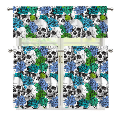 Green Blue Flowers Skull Pattern Print 3 Piece Kitchen Curtains