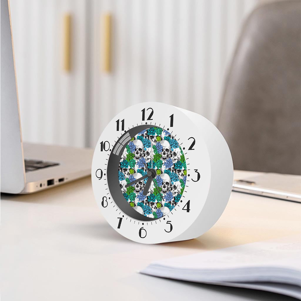 Green Blue Flowers Skull Pattern Print Alarm Clock