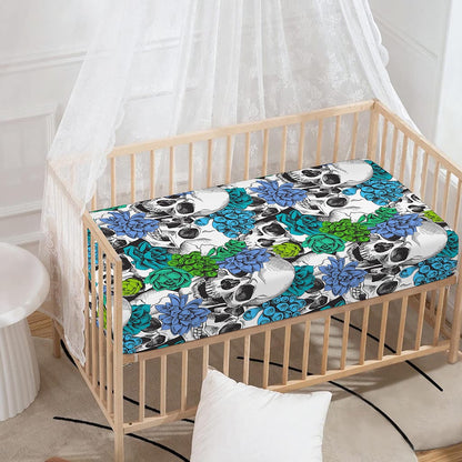 Green Blue Flowers Skull Pattern Print Baby Crib Sheet