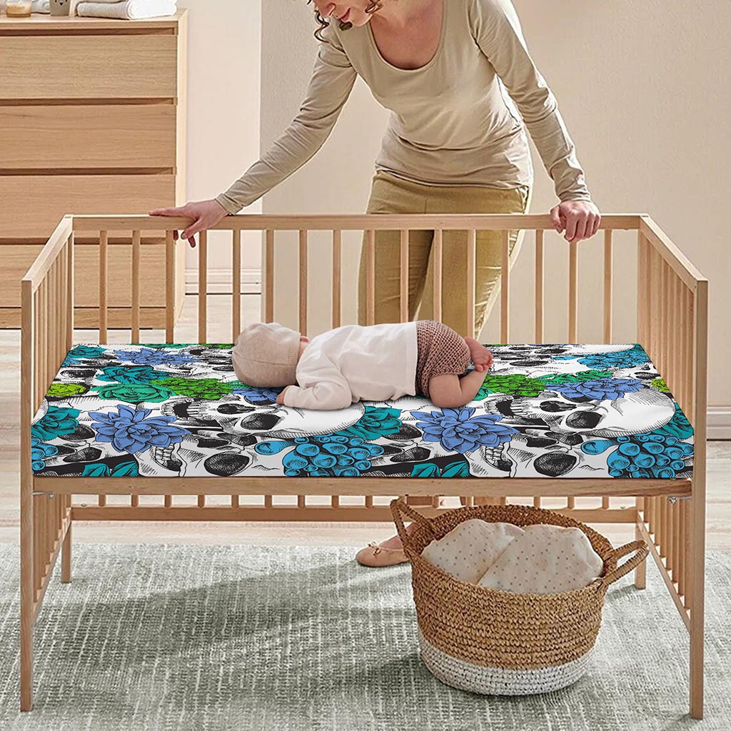 Green Blue Flowers Skull Pattern Print Baby Crib Sheet