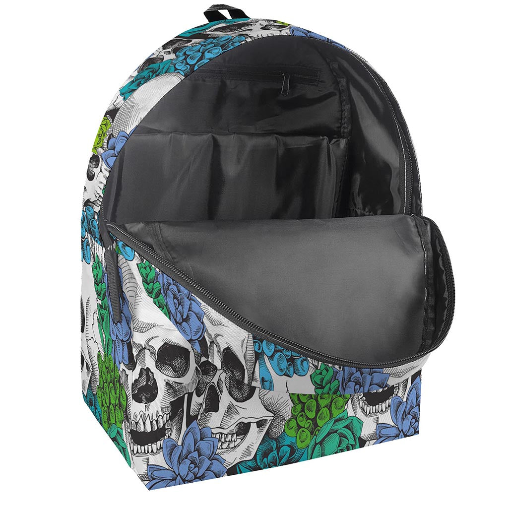 Green Blue Flowers Skull Pattern Print Backpack