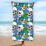 Green Blue Flowers Skull Pattern Print Beach Towel