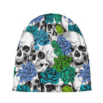 Green Blue Flowers Skull Pattern Print Beanie