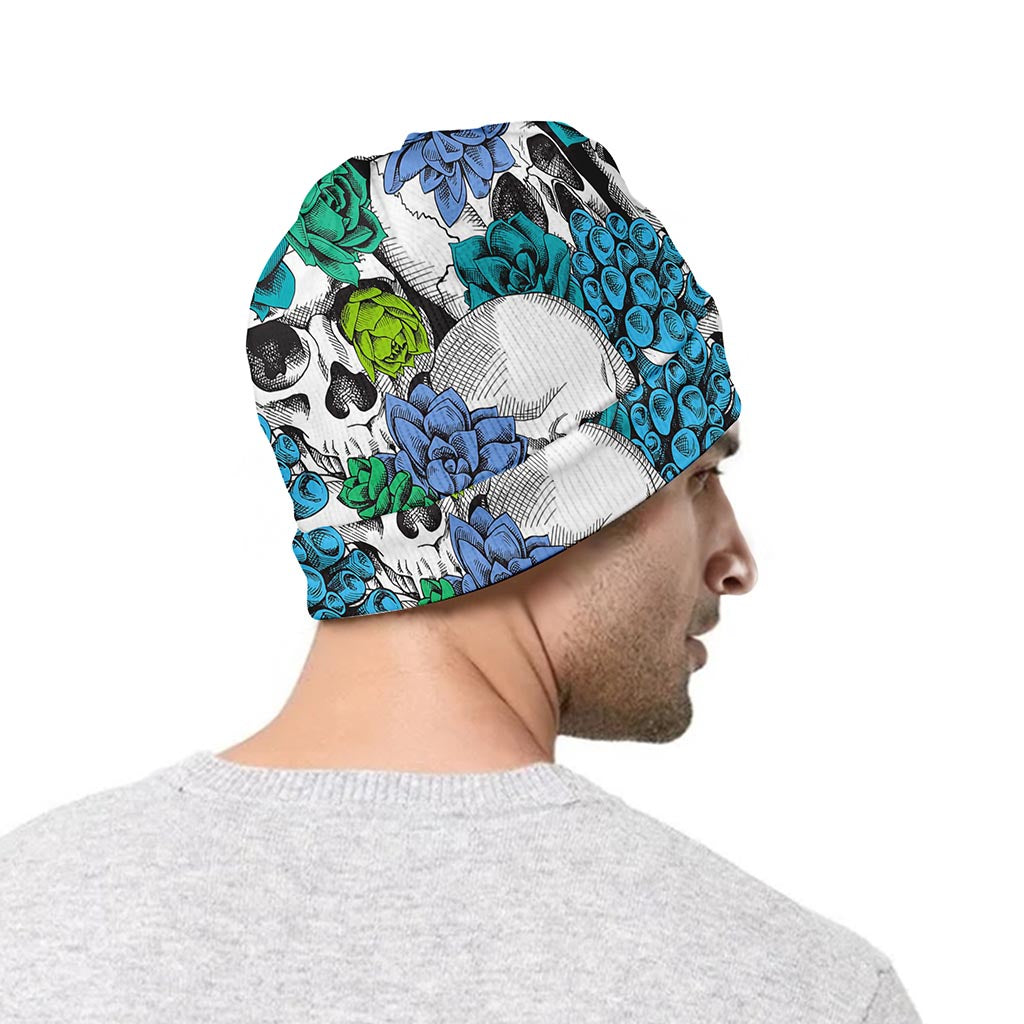 Green Blue Flowers Skull Pattern Print Beanie