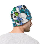 Green Blue Flowers Skull Pattern Print Beanie