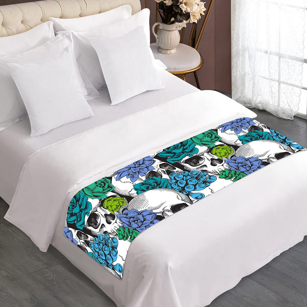 Green Blue Flowers Skull Pattern Print Bed Runner