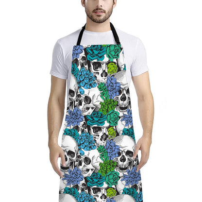 Green Blue Flowers Skull Pattern Print Bib Apron With Pocket