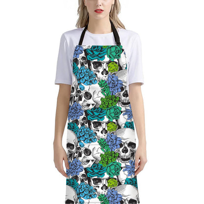 Green Blue Flowers Skull Pattern Print Bib Apron With Pocket