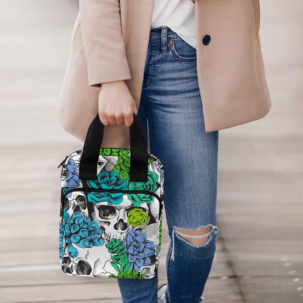 Green Blue Flowers Skull Pattern Print Bible Tote Bag
