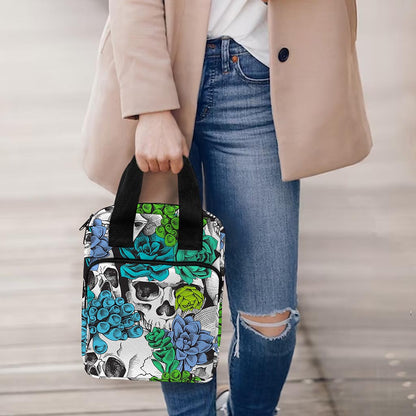 Green Blue Flowers Skull Pattern Print Bible Tote Bag