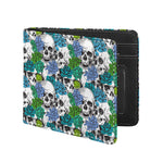 Green Blue Flowers Skull Pattern Print Bifold Wallet