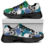 Green Blue Flowers Skull Pattern Print Black Chunky Shoes