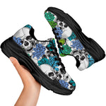 Green Blue Flowers Skull Pattern Print Black Chunky Shoes