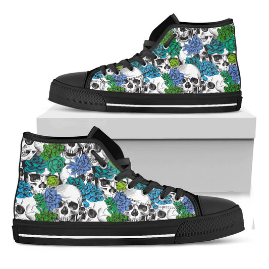 Green Blue Flowers Skull Pattern Print Black High Top Sneakers