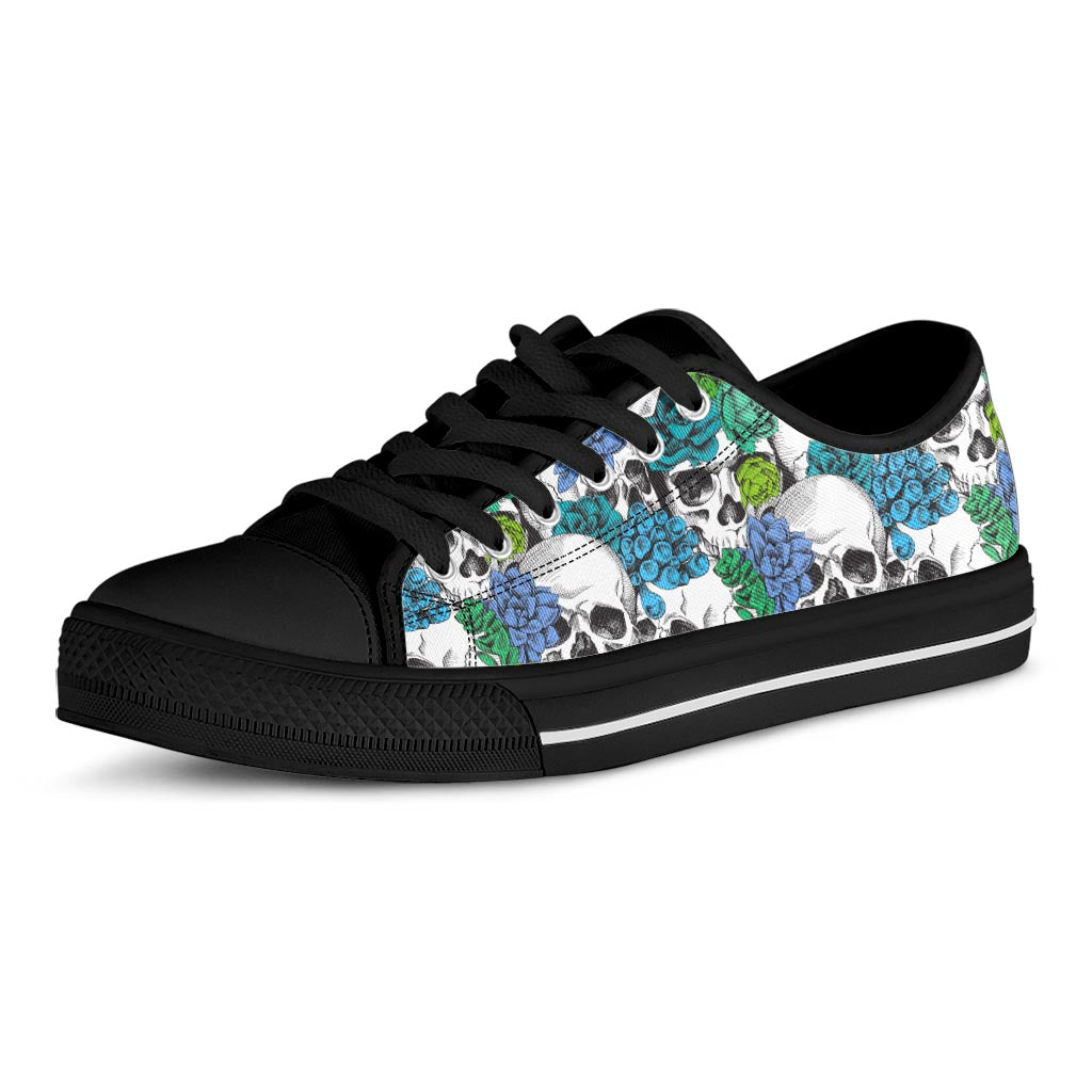 Green Blue Flowers Skull Pattern Print Black Low Top Sneakers