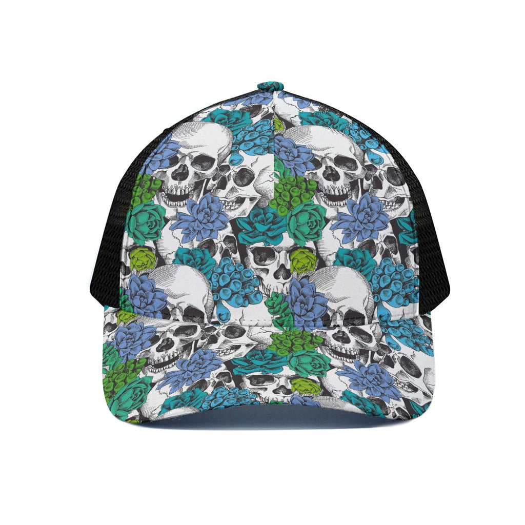 Green Blue Flowers Skull Pattern Print Black Mesh Trucker Cap