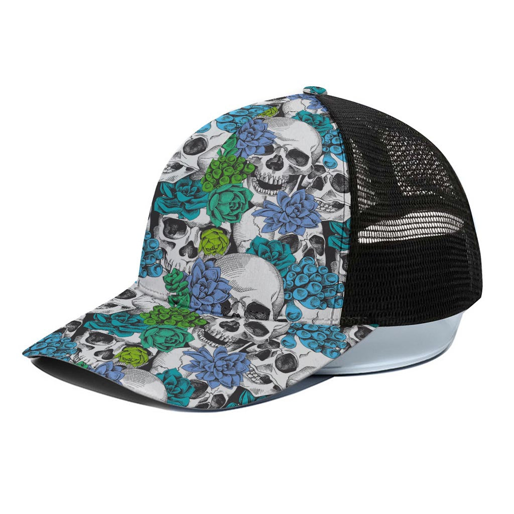Green Blue Flowers Skull Pattern Print Black Mesh Trucker Cap